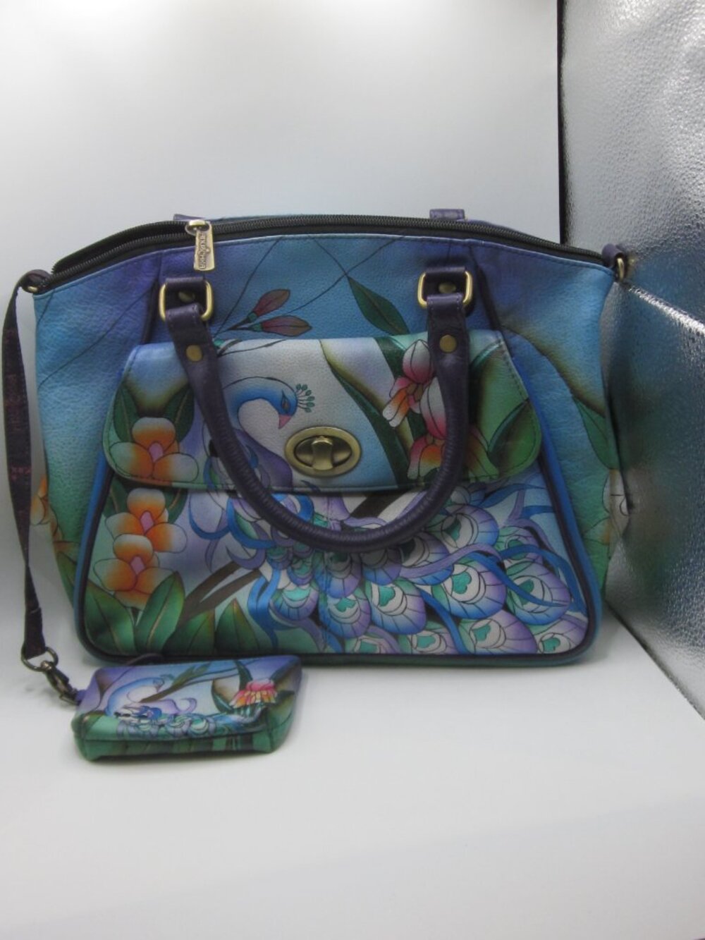 Anuschka Satchel Crossbody Bag Peacock Hand Painted - Picture 10 of 10